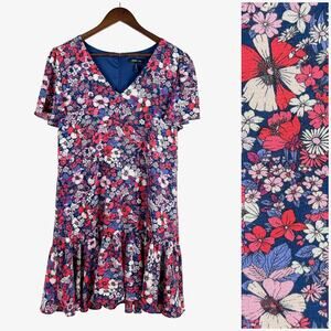 BCBG Paris Floral Drop Waist Mini Dress Womens L Pink Blue Short Sleeve Summer